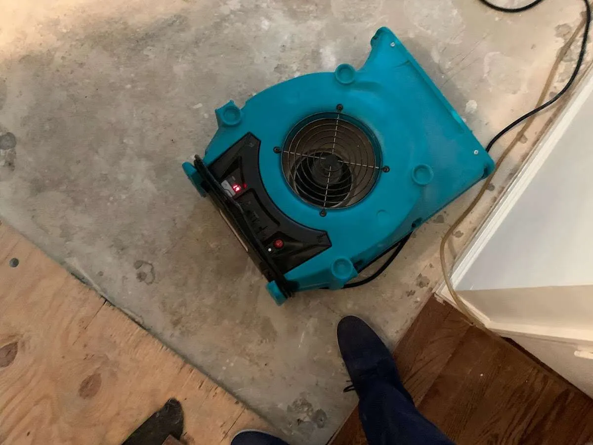 Air mover drying subfloor during Leak Detection & Repair in Ellington